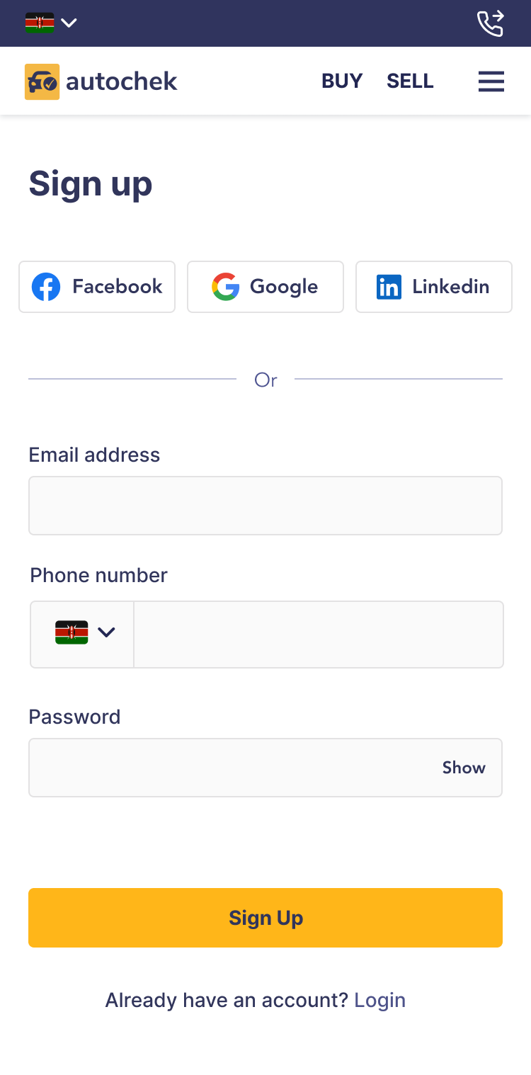 Sign up screen